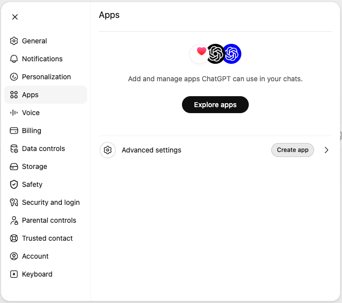 ChatGPT Settings screen with Apps