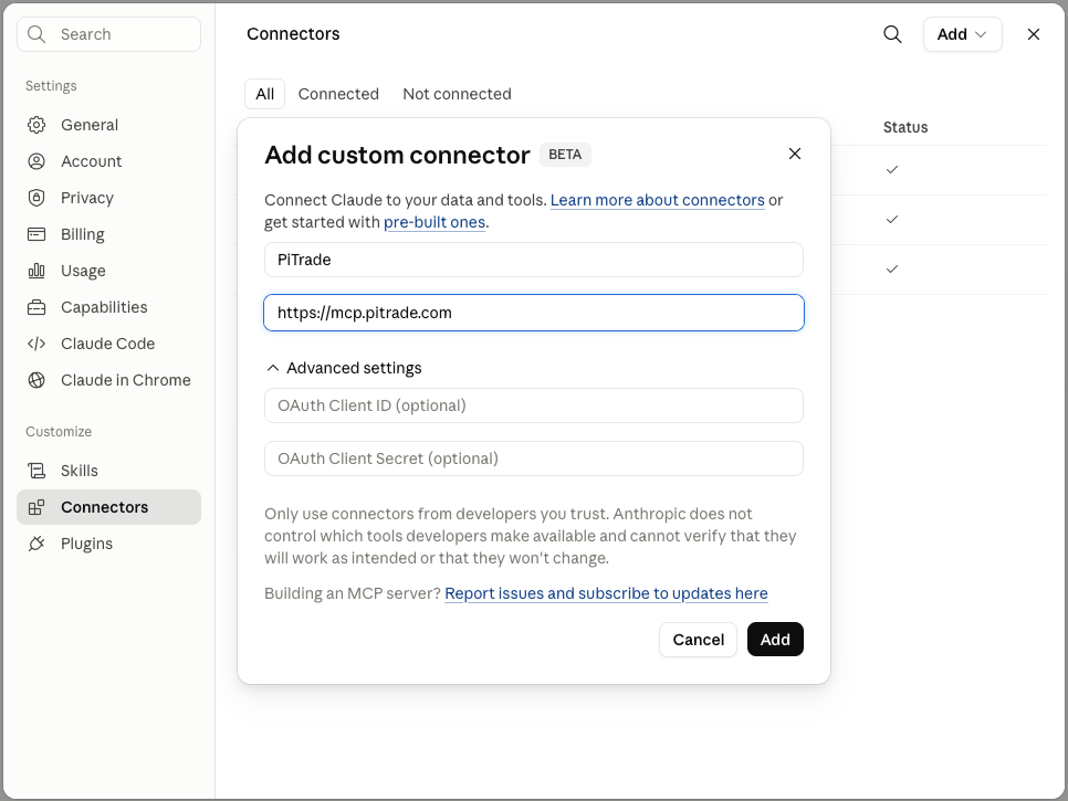Add custom connector dialog with the PiTrade MCP URL entered
