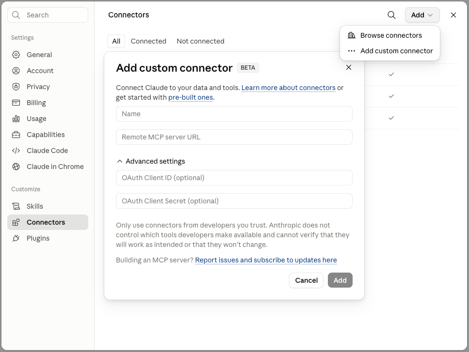 Claude Settings screen with Connectors tab highlighted
